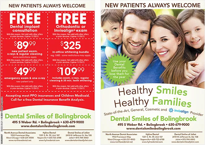 The image is a collage of two advertisements for dental services, with the top ad featuring a family and the bottom ad highlighting free dental care.