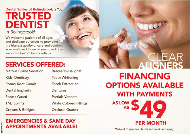 Advertisement for dental services at a practice named  Clear Aligners,  offering financing options and featuring a smiling woman in the background.