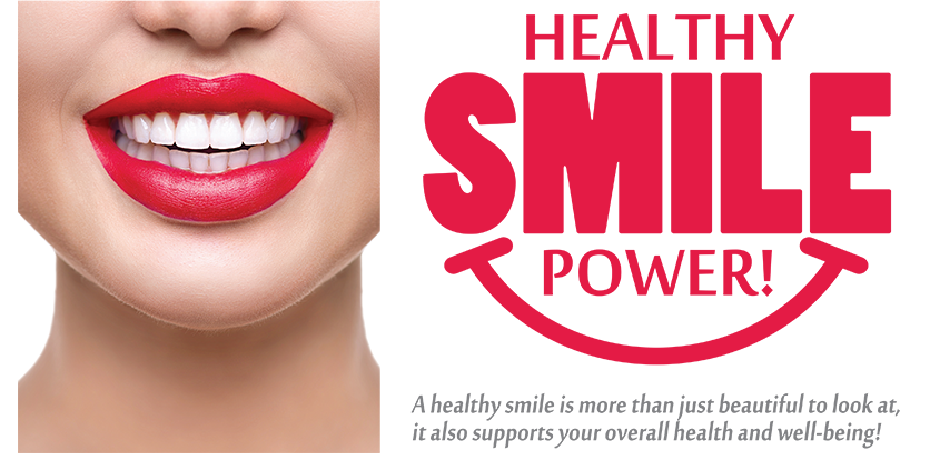 The image is a promotional graphic for  Smile Smile Power,  which appears to be related to dental health or cosmetic services, featuring a close-up of a smiling person with red lipstick.