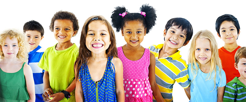 The image shows a group of children and adults posing together, with the focus on diversity and inclusivity.